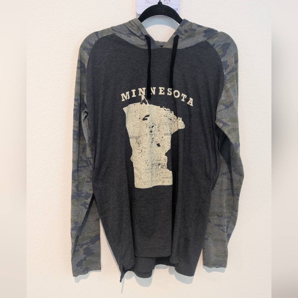 Minnesota Graphic Long-Sleeve Hoodie Tee - Dark Gray with Camouflage Sleeves